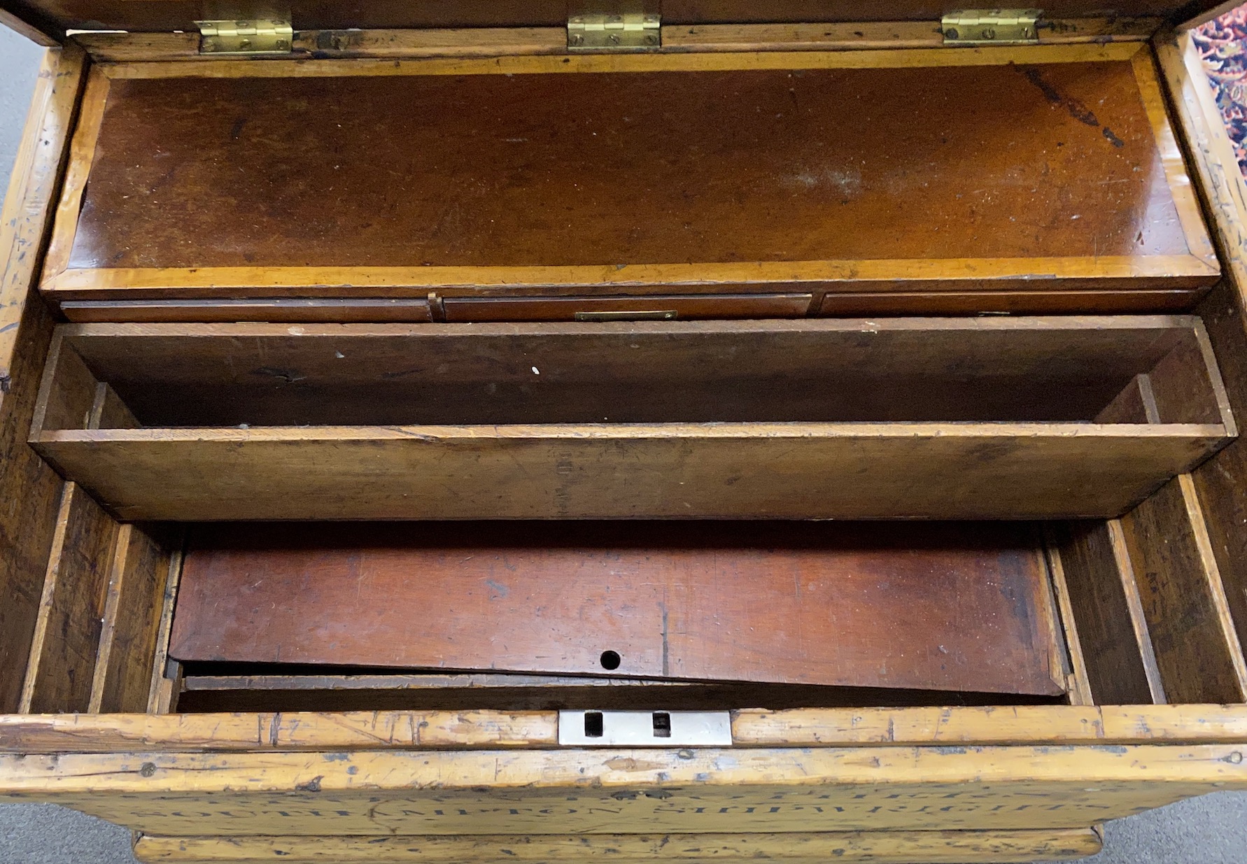 A Victorian iron bound shipwright's carpenter's chest marked Brown Brothers of Southampton, Shipwrights, length 95cm, depth 61cm, height 61cm